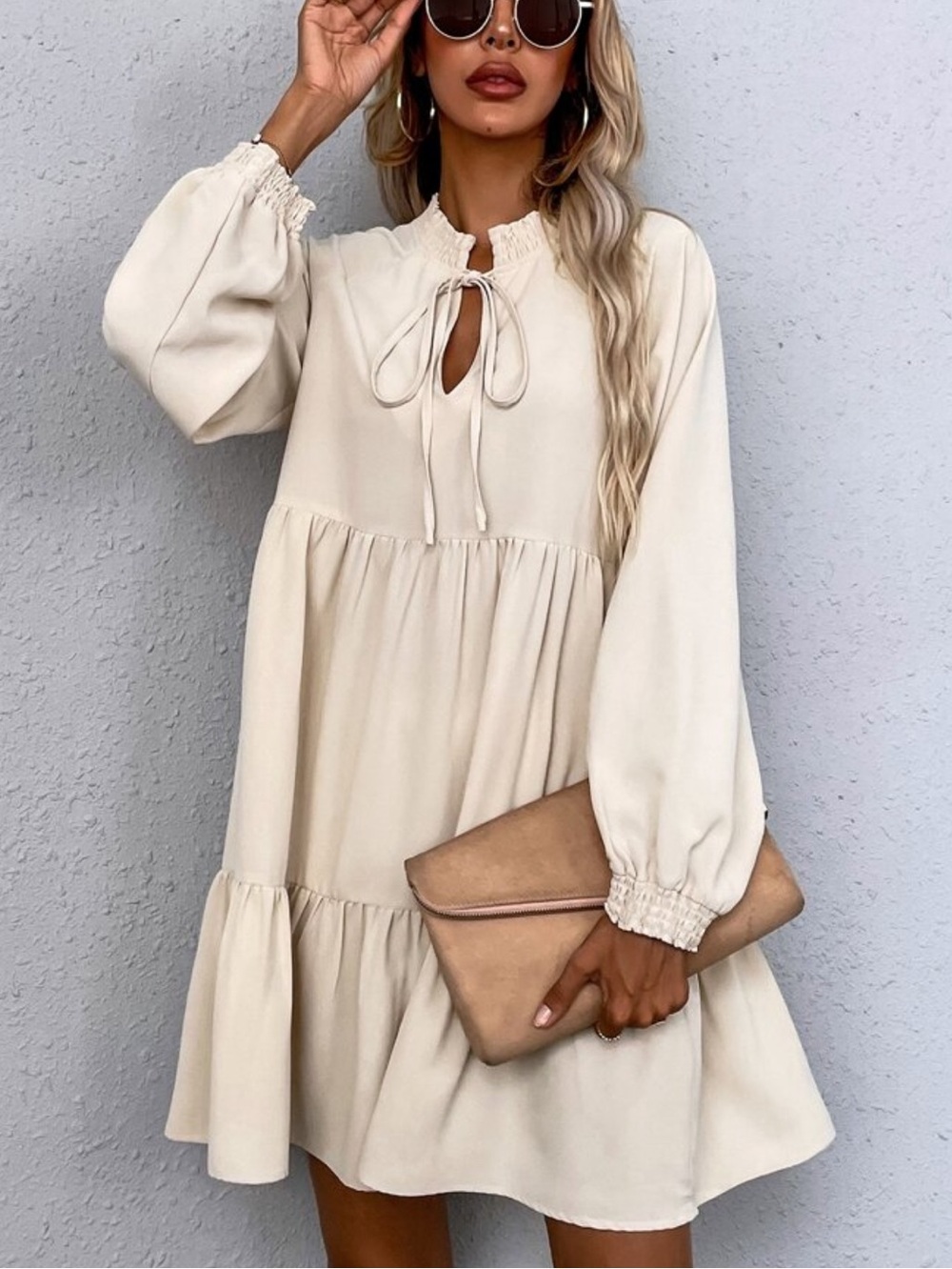 Apricot Notched Tie Neck Long Sleeve Dress Fall